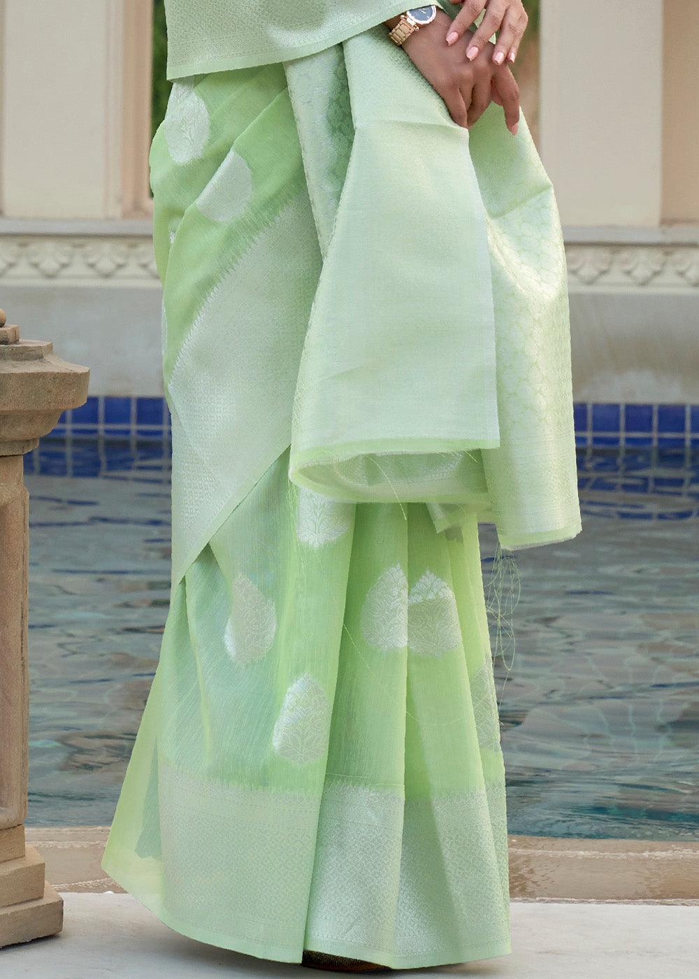 Melody Green Woven Linen Silk Saree | Stitched Blouse - qivii