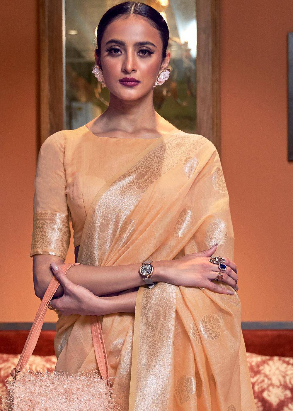 Melon Orange Woven Linen Silk Saree | Stitched Blouse - qivii