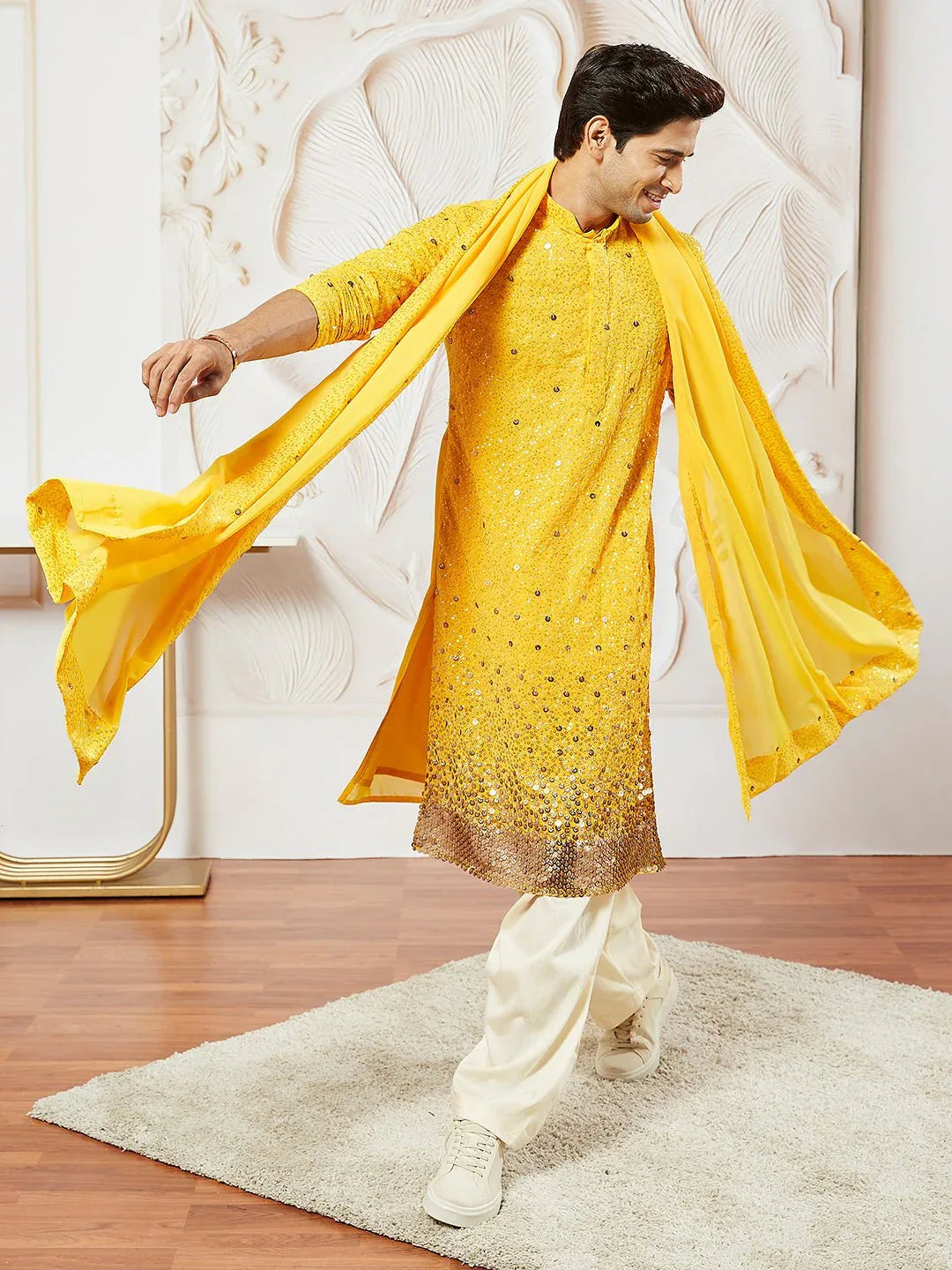 Men Yellow Georgette Sequin Embroidered Dupatta