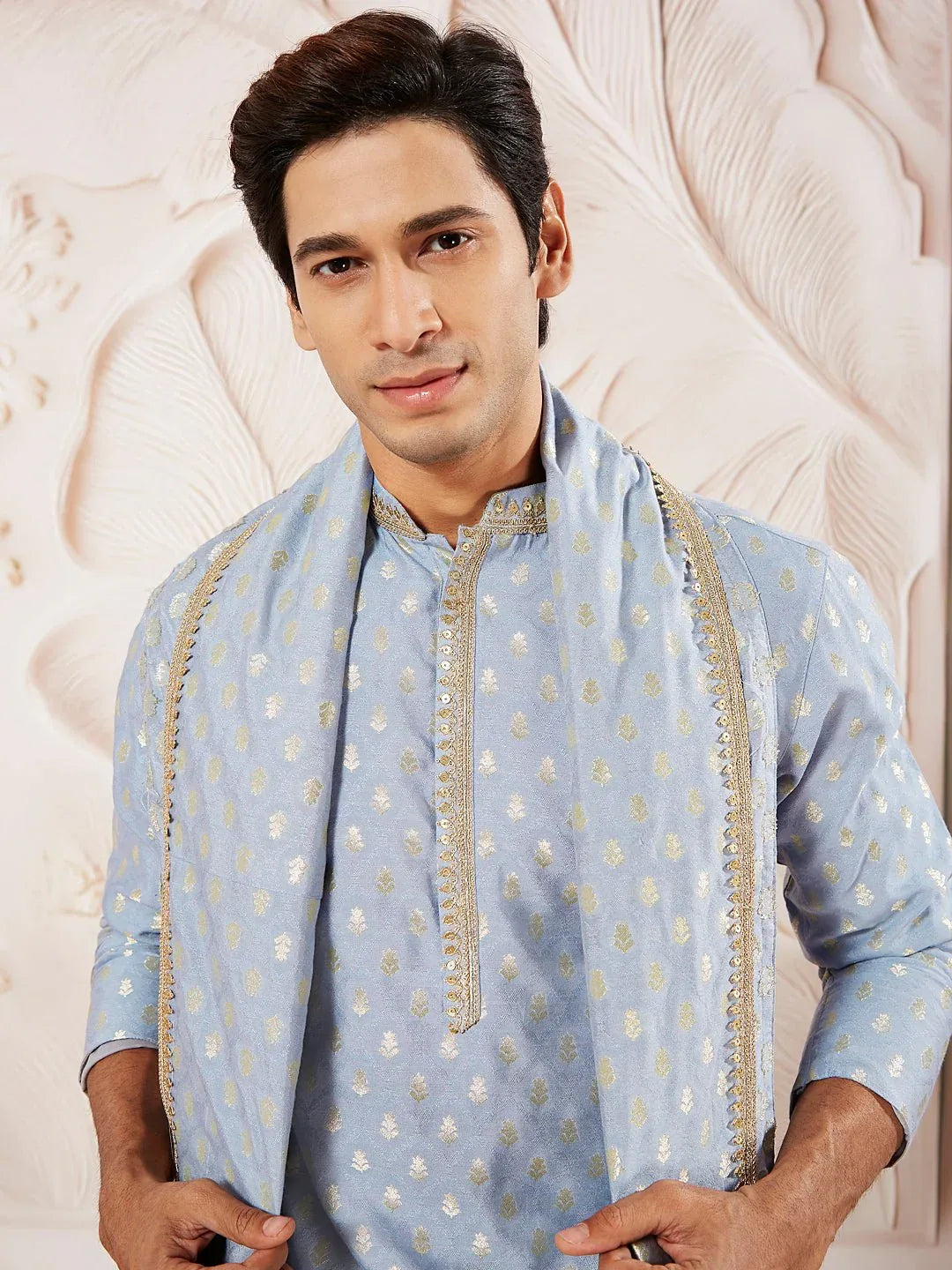 Men's Aqua Jacquard Silk Blend Kurta Pyjama Set with Woven Dupatta