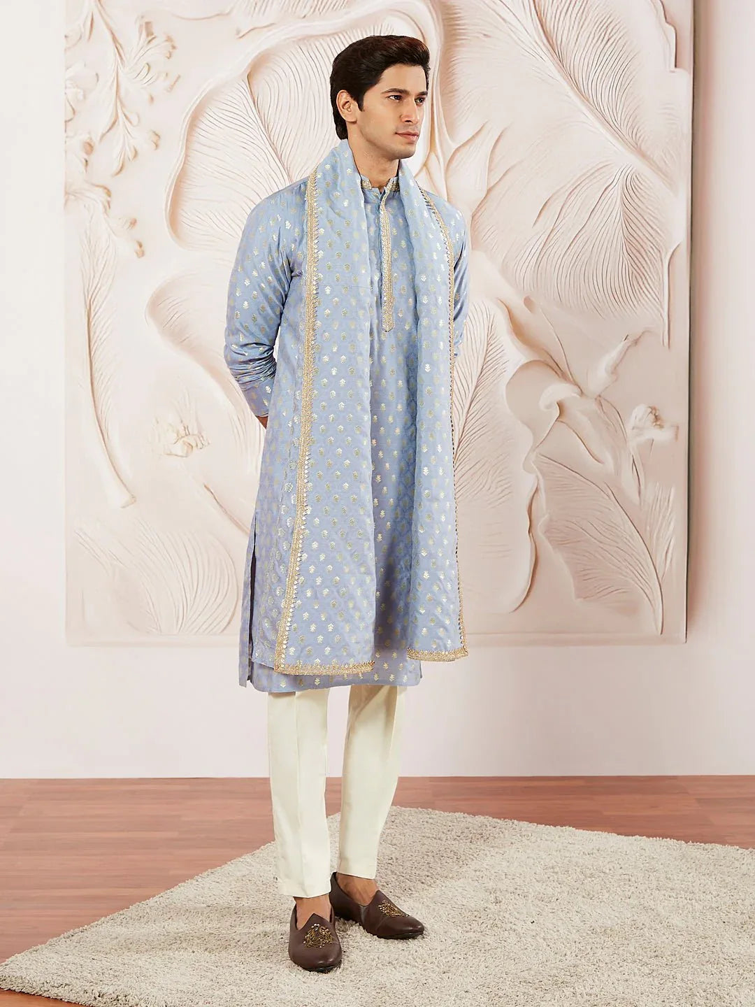Men's Aqua Jacquard Silk Blend Kurta Pyjama Set with Woven Dupatta