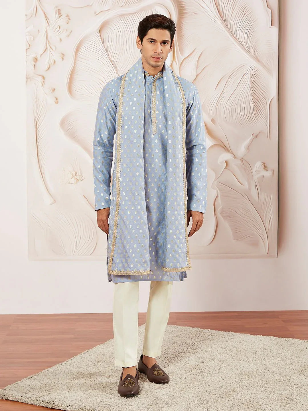 Men's Aqua Jacquard Silk Blend Kurta Pyjama Set with Woven Dupatta