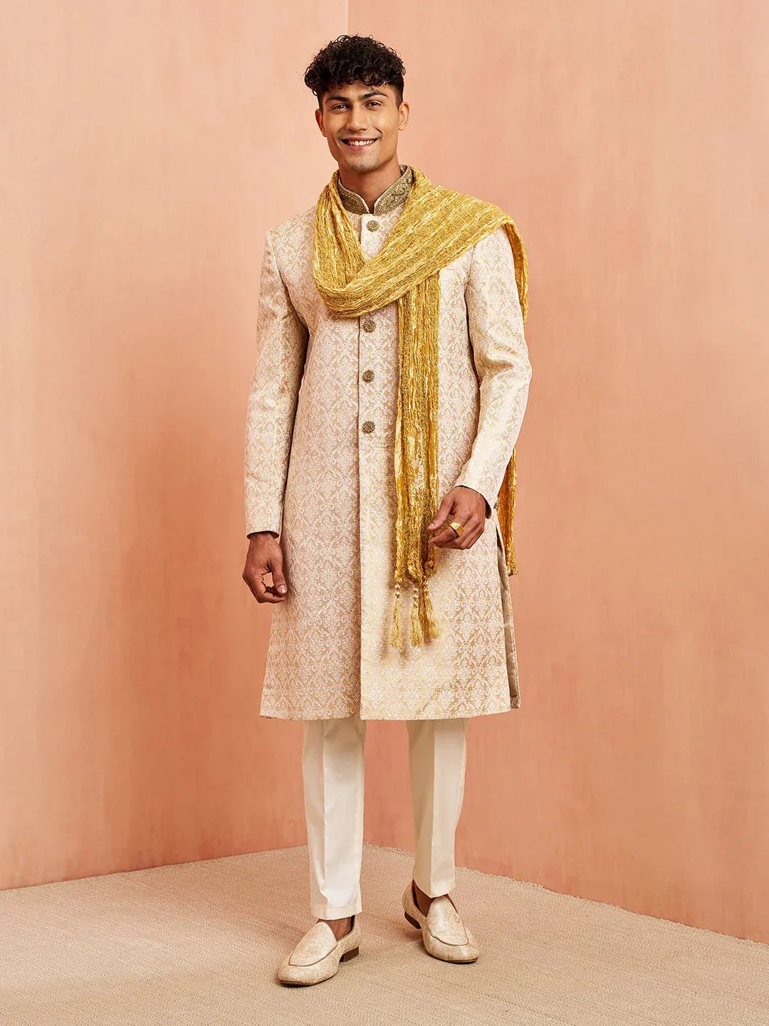 Men's Beige Jacquard Embroidered Sherwani Set with Cream Pyjama & Gold Dupatta