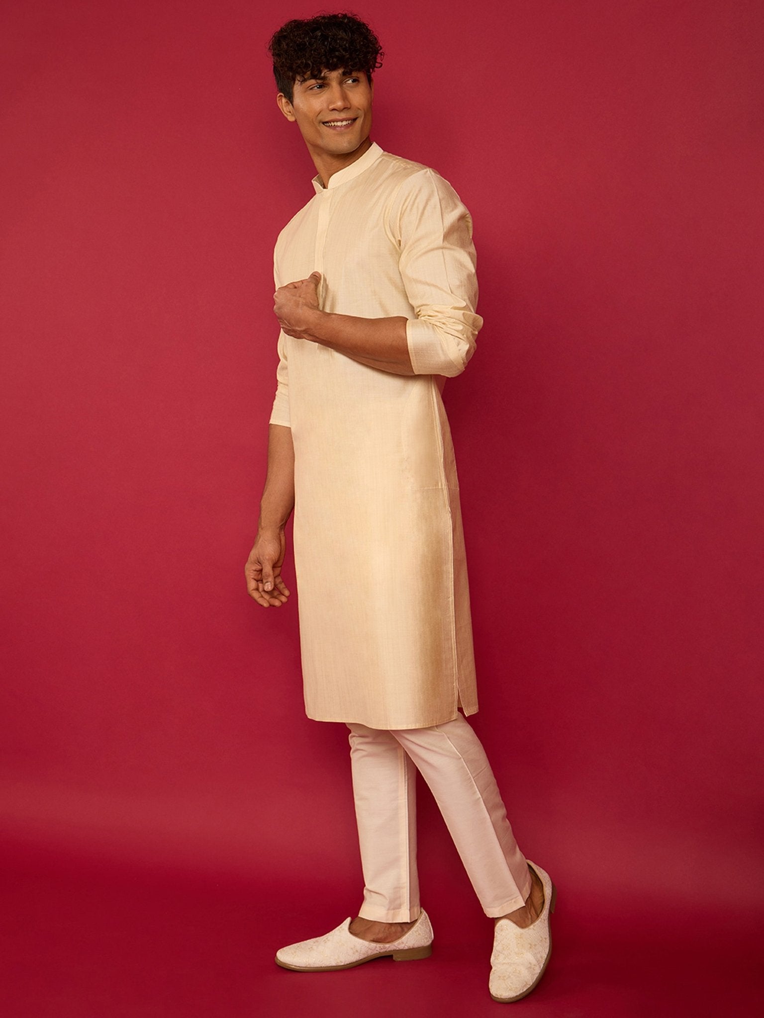 Men's Beige Silk Blend Kurta