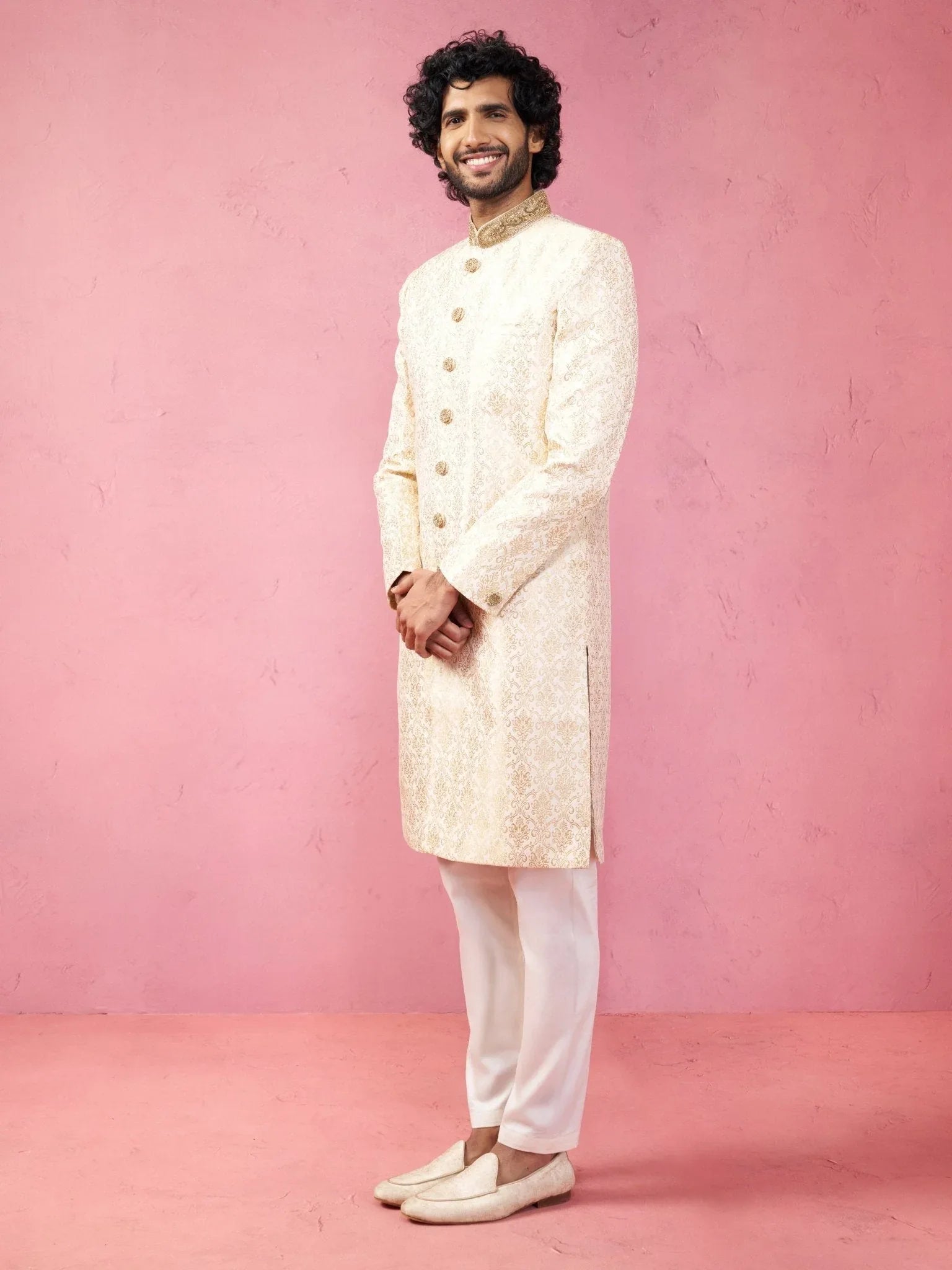Men's Beige Silk Blend Sherwani Set with Cream Pyjama