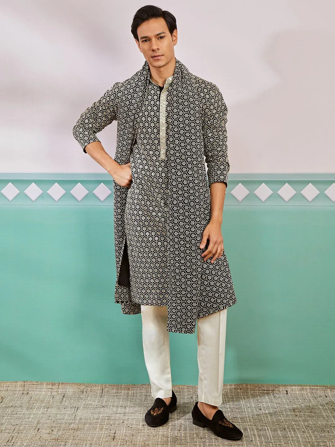 Men's Black Chikankari Embroidered Kurta Set with Cream Satin Pyjama & Black Dupatta