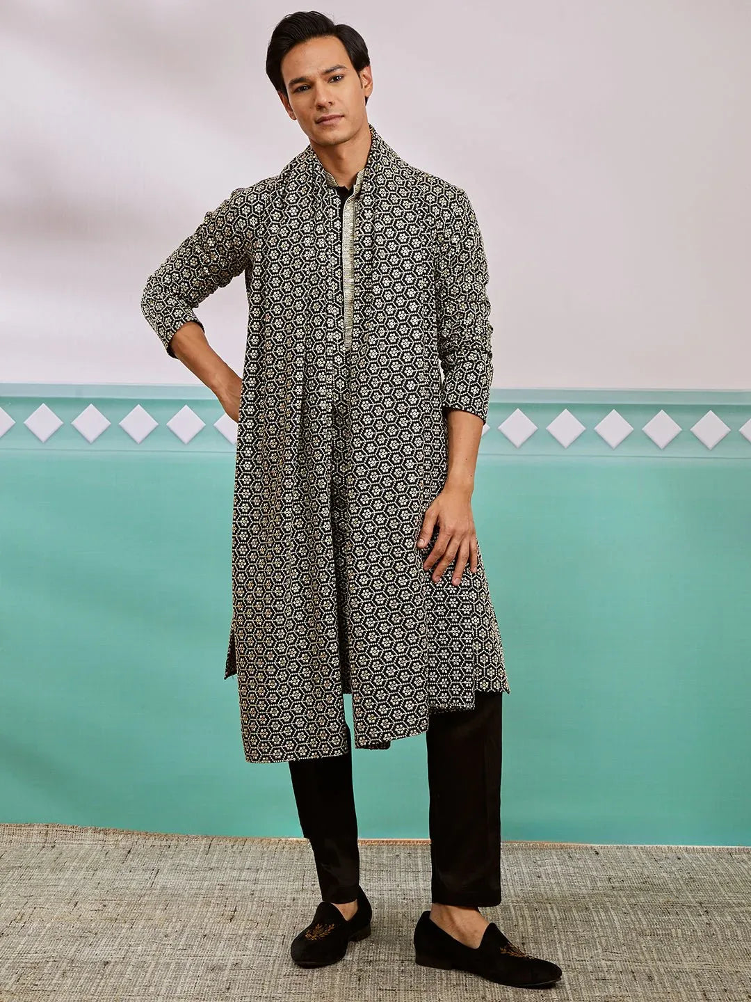 Men's Black Chikankari Embroidered Kurta Set with Fine Satin Pyjama & Embroidered Dupatta