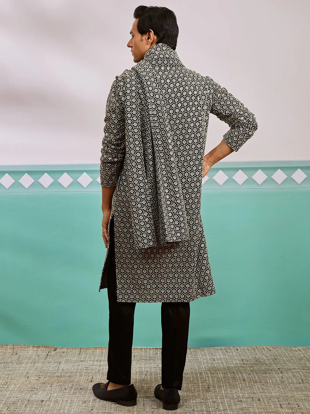 Men's Black Chikankari Embroidered Kurta Set with Fine Satin Pyjama & Embroidered Dupatta