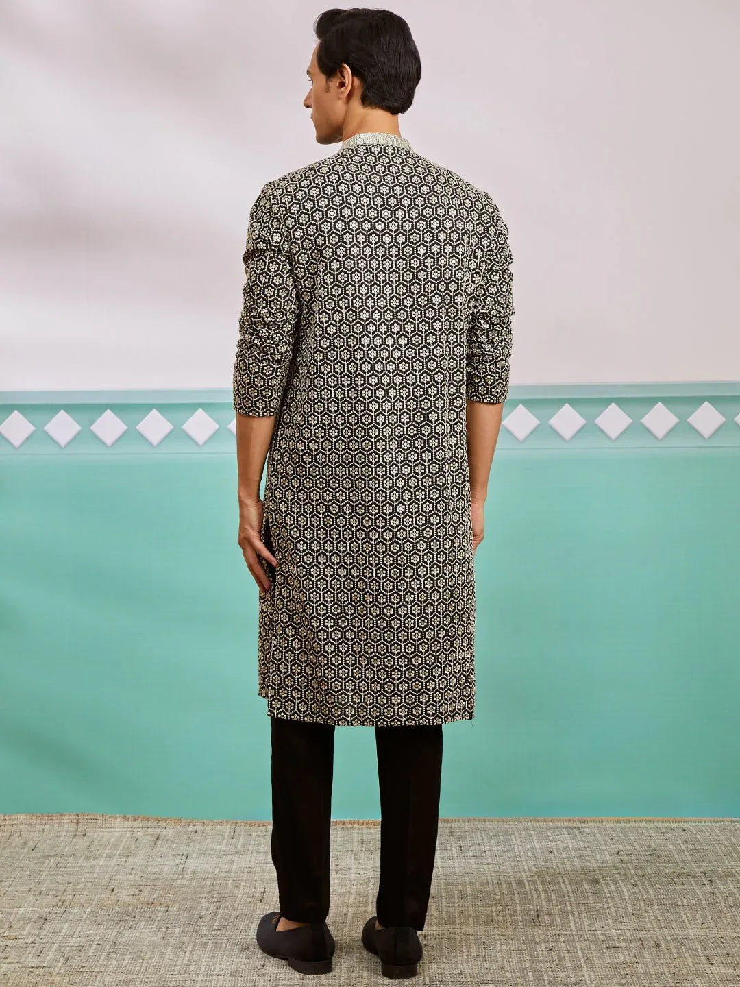 Men's Black Chikankari Embroidered Rayon Kurta with Fine Satin Pyjama Set