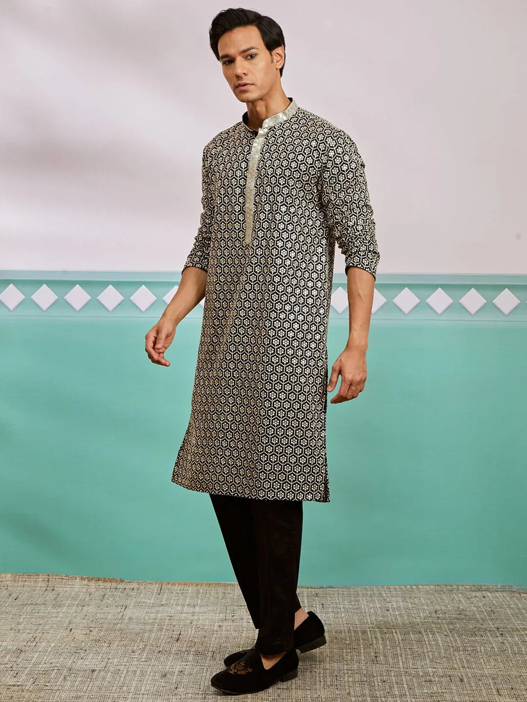 Men's Black Chikankari Embroidered Rayon Kurta with Fine Satin Pyjama Set
