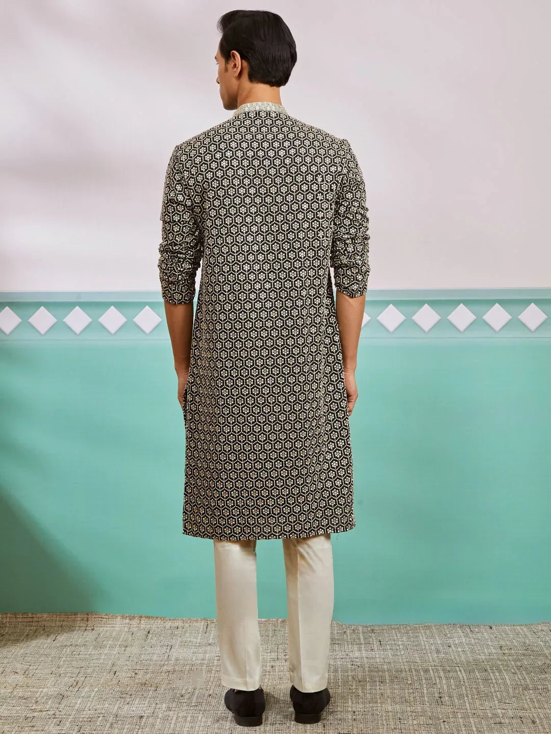 Men's Black Chikankari Rayon Kurta with Cream Fine Satin Pyjama