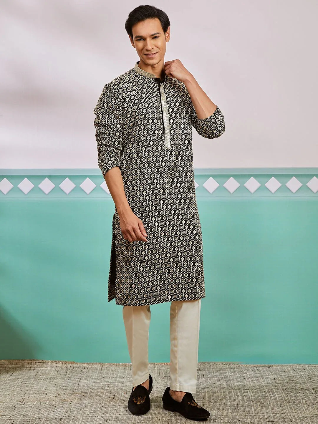Men's Black Chikankari Rayon Kurta with Cream Fine Satin Pyjama