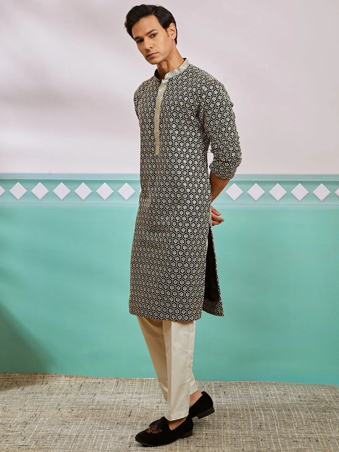 Men's Black Chikankari Rayon Kurta with Cream Fine Satin Pyjama