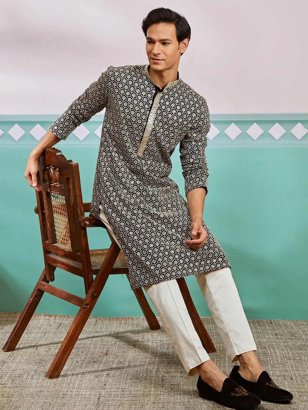 Men's Black Chikankari Rayon Kurta with Cream Fine Satin Pyjama