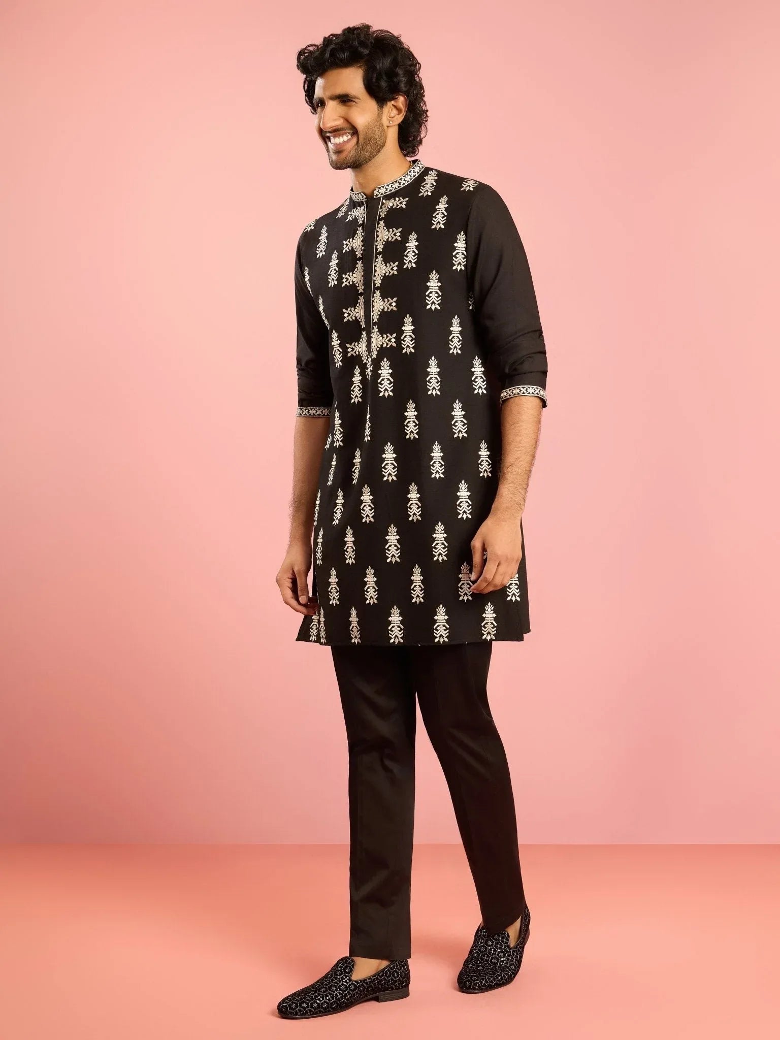 Men's Black Embroidered Kurta Pant Set