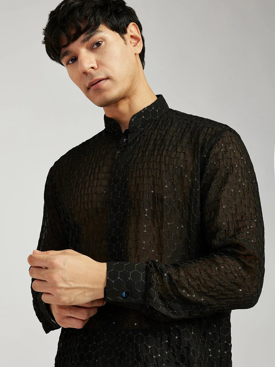 Men's Black Georgette Kurta with Cotton Lycra Pant Set