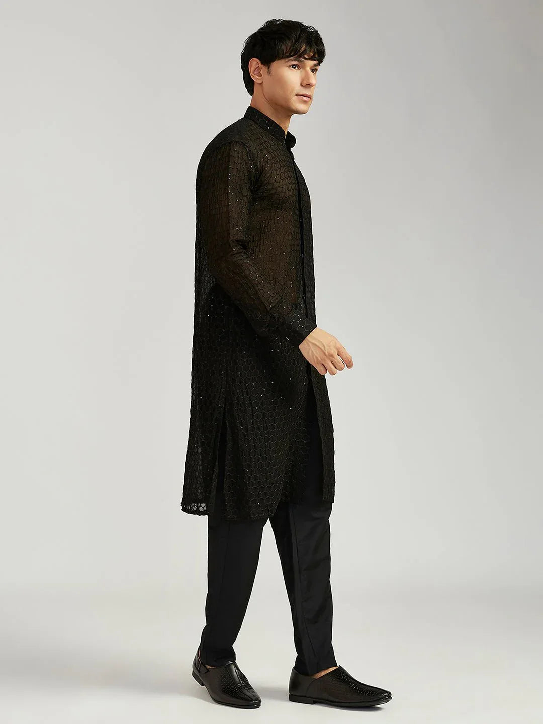 Men's Black Georgette Kurta with Cotton Lycra Pant Set
