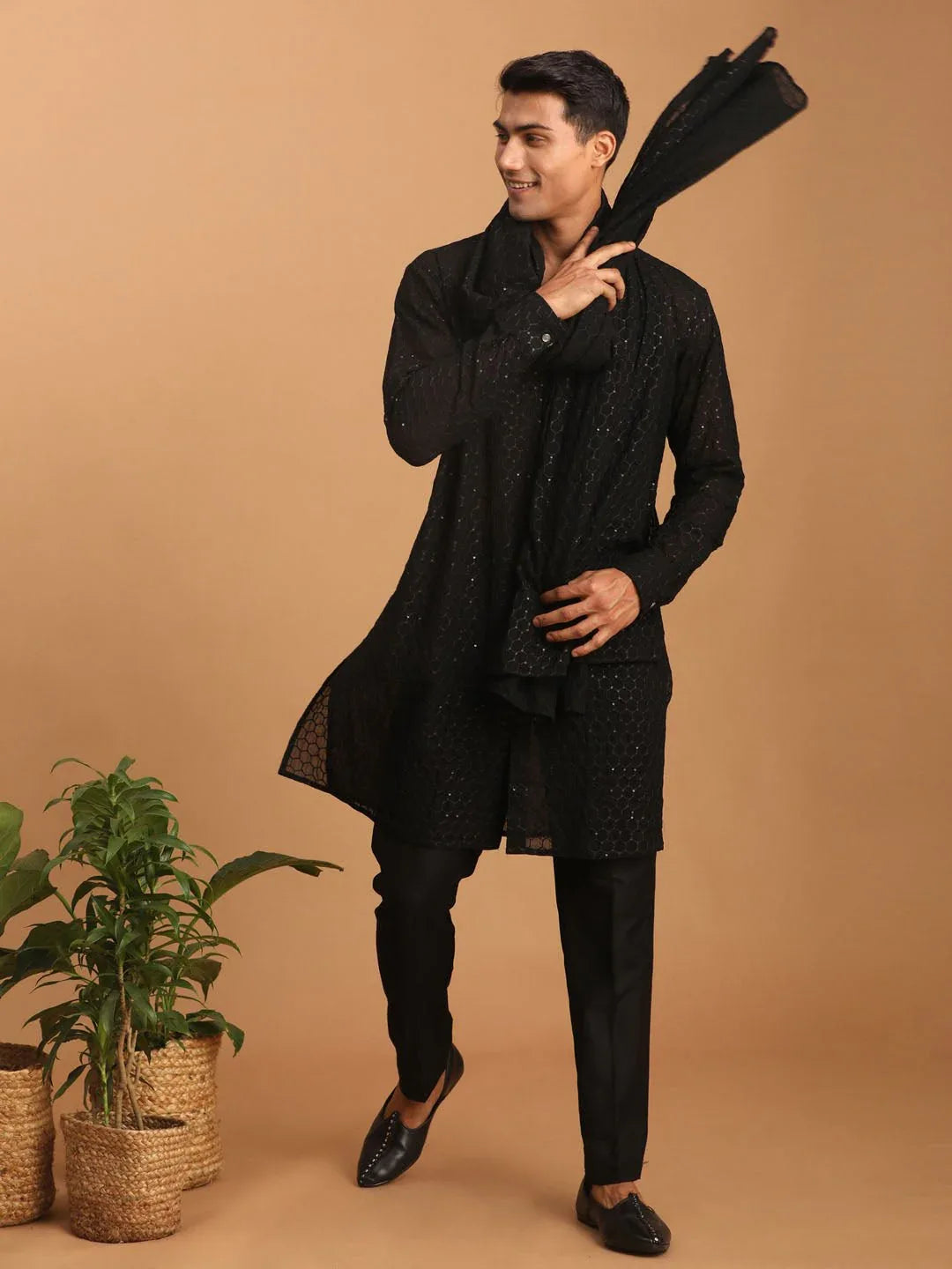 Men's Black Jacquard Kurta with Black Fine Satin Pyjama