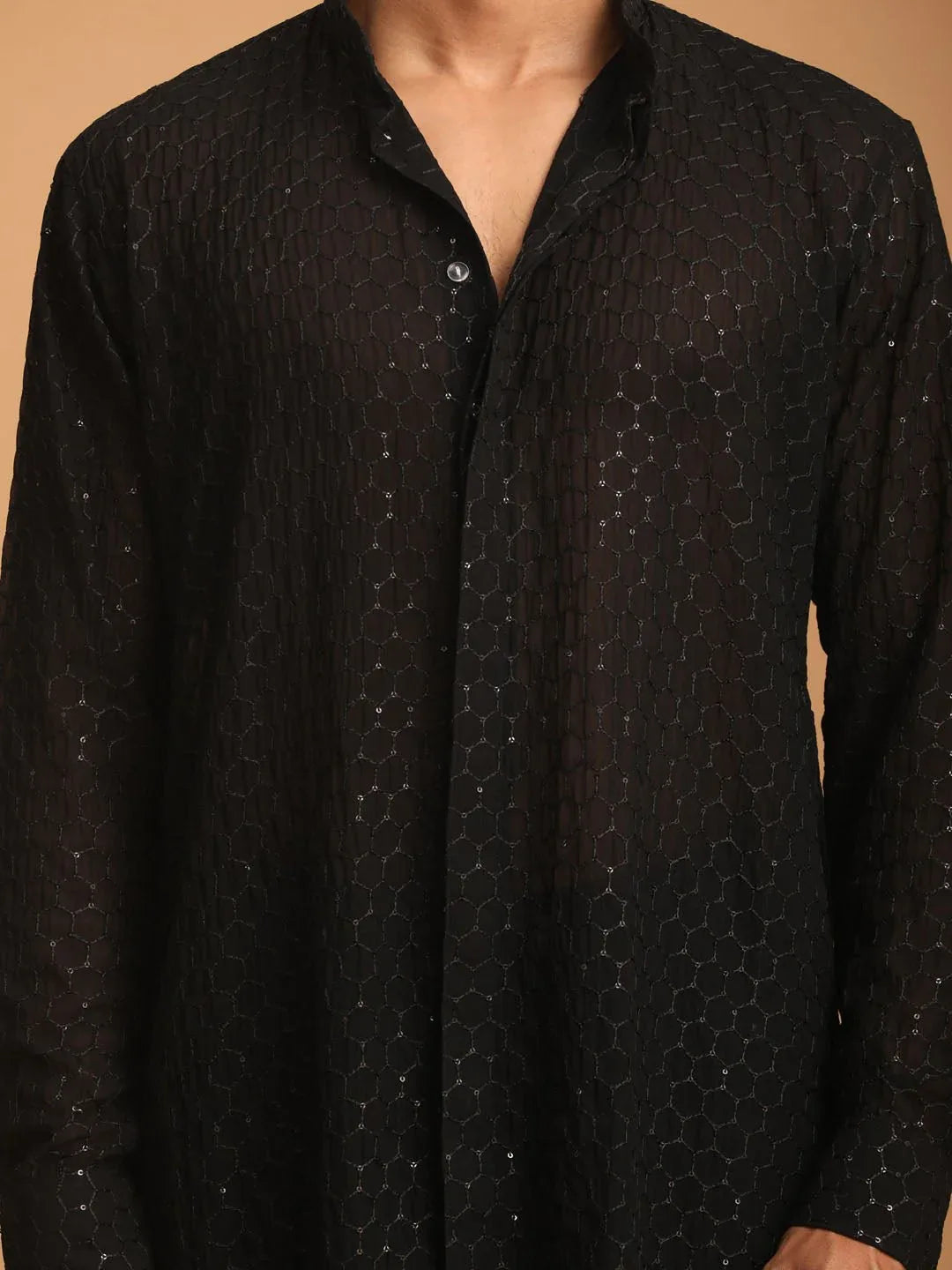 Men's Black Jacquard Kurta with Black Fine Satin Pyjama