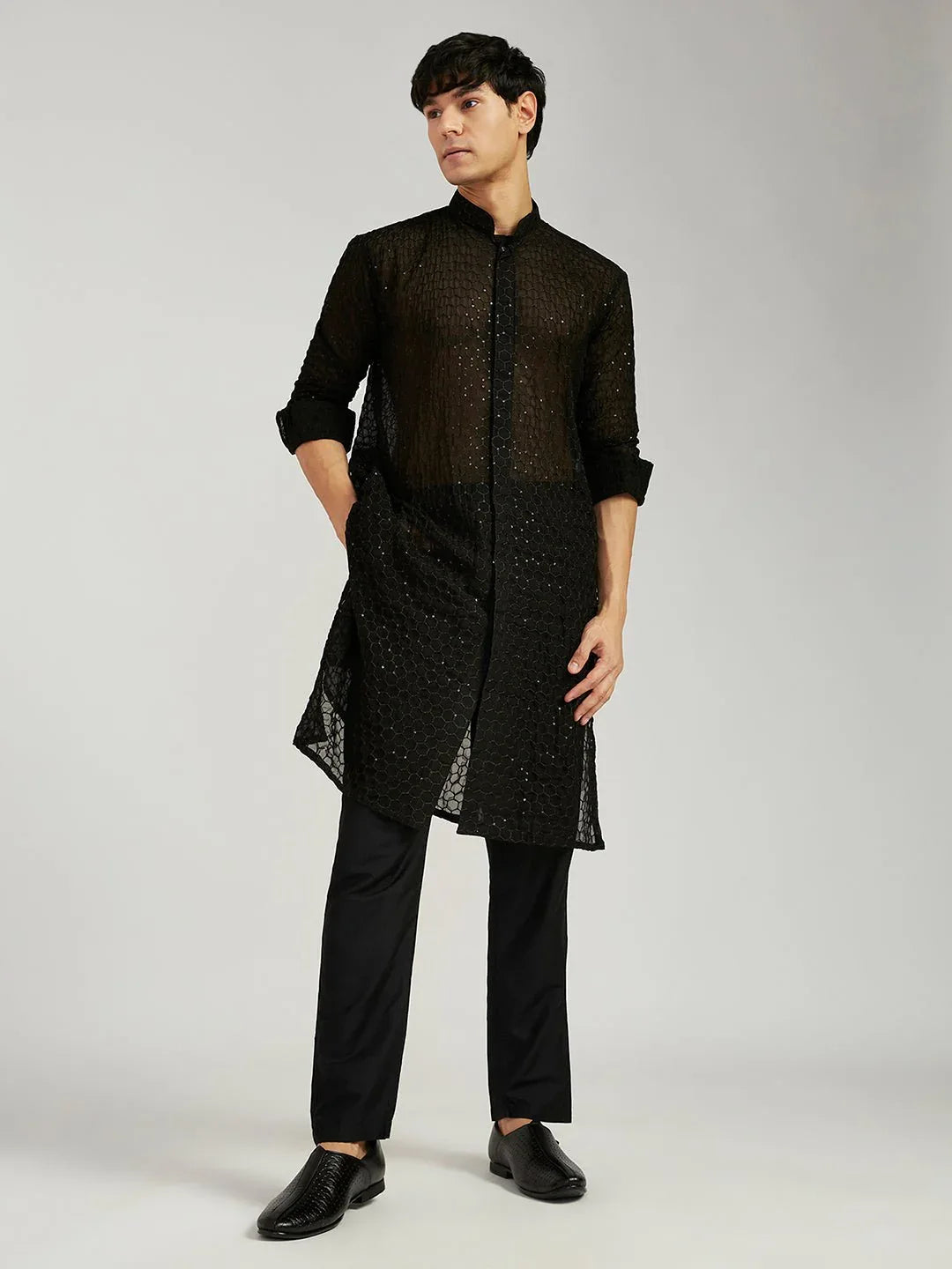 Men's Black Jacquard Kurta with Satin Pyjama and Embroidered Georgette Dupatta