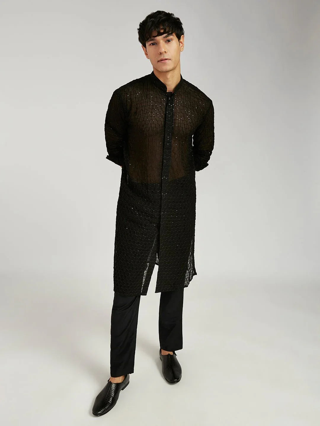 Men's Black Jacquard Kurta with Satin Pyjama and Embroidered Georgette Dupatta