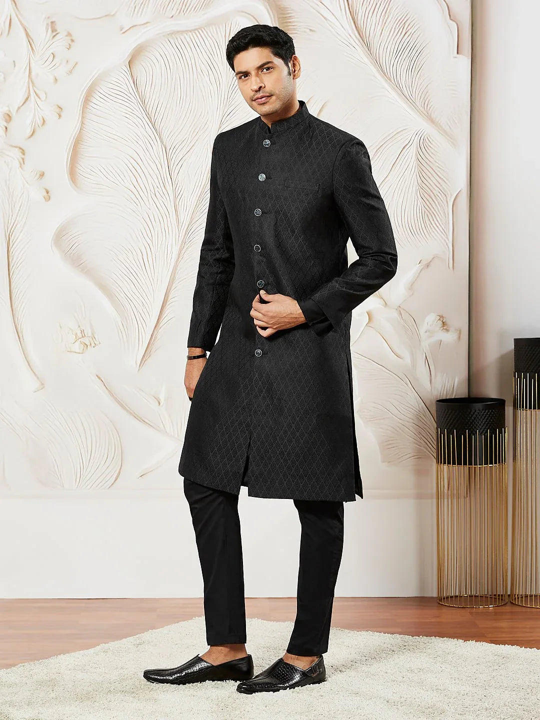 Men's Black Kalka Jacquard Sherwani Set with Silk Blend Kurta & Viscose Pyjama