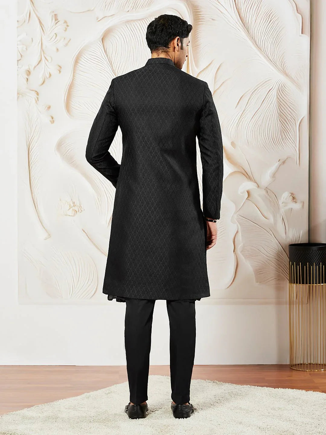 Men's Black Kalka Jacquard Sherwani Set with Silk Blend Kurta & Viscose Pyjama
