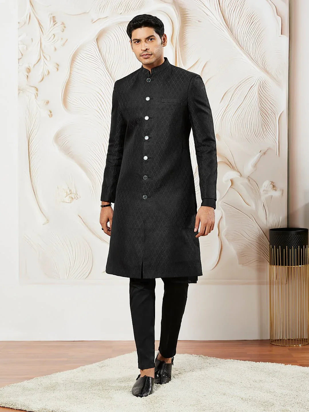 Men's Black Kalka Jacquard Sherwani Set with Silk Blend Kurta & Viscose Pyjama