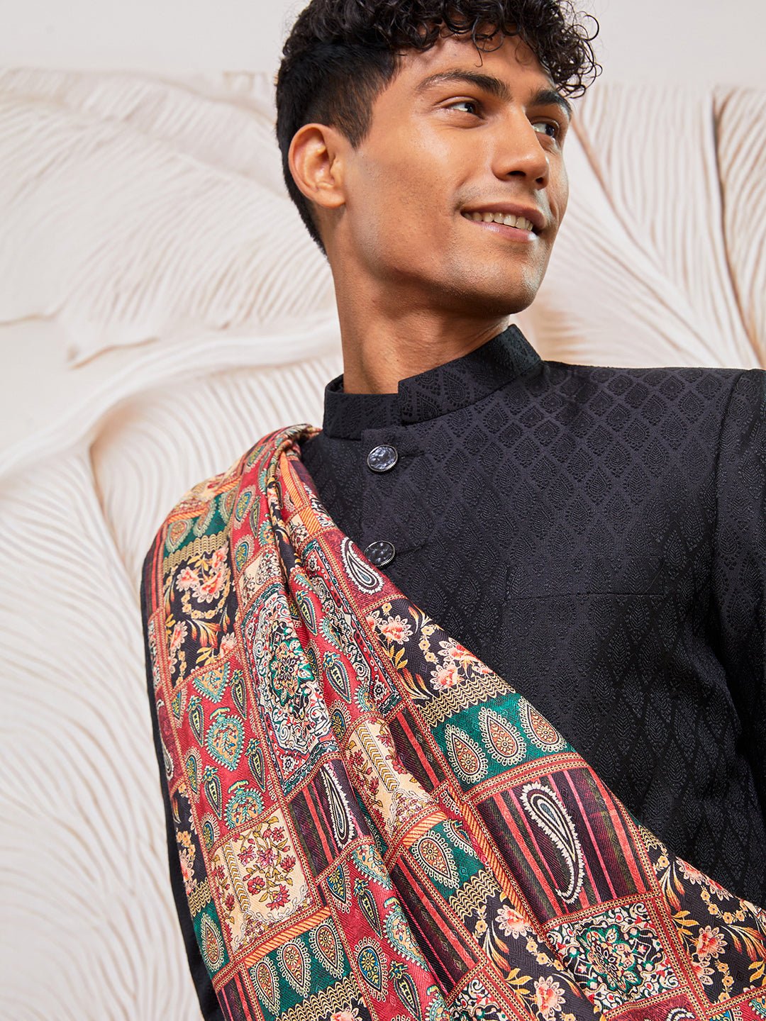 Men's Black Kalka Jacquard Sherwani Set with Viscose Pyjama & Multicolor Paisley Dupatta