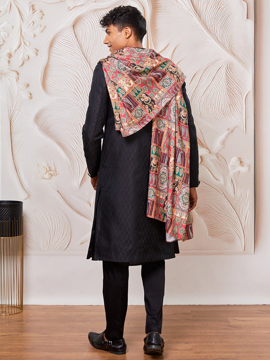 Men's Black Kalka Jacquard Sherwani Set with Viscose Pyjama & Multicolor Paisley Dupatta