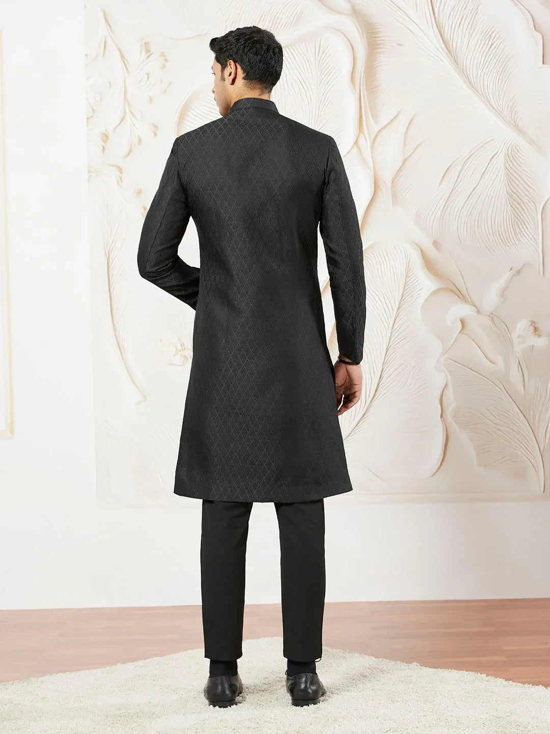 Men's Black Kalka Jacquard Silk Blend Sherwani with Black Viscose Pyjama