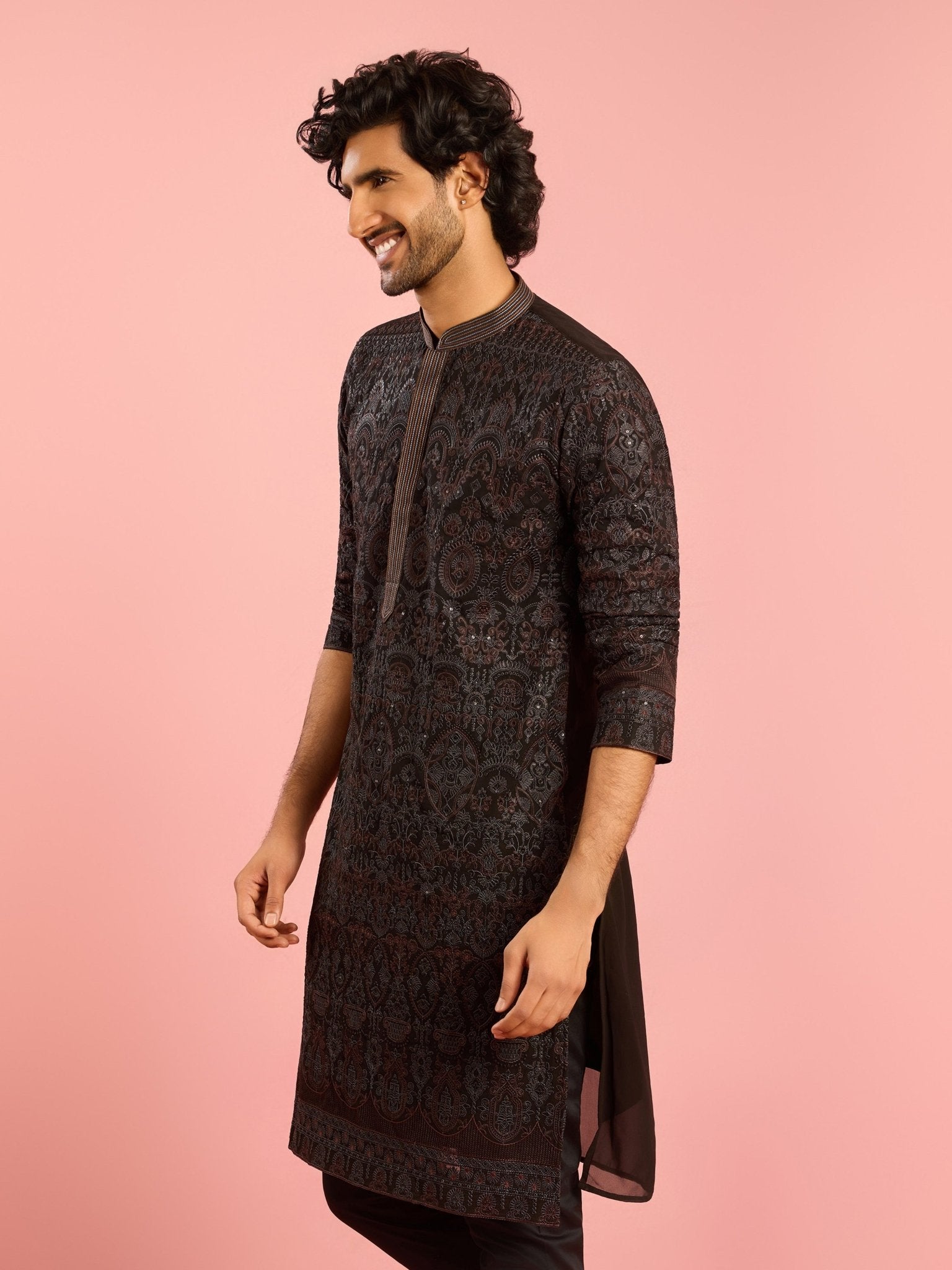 Men's Black Kashmiri Embroidered Georgette Kurta