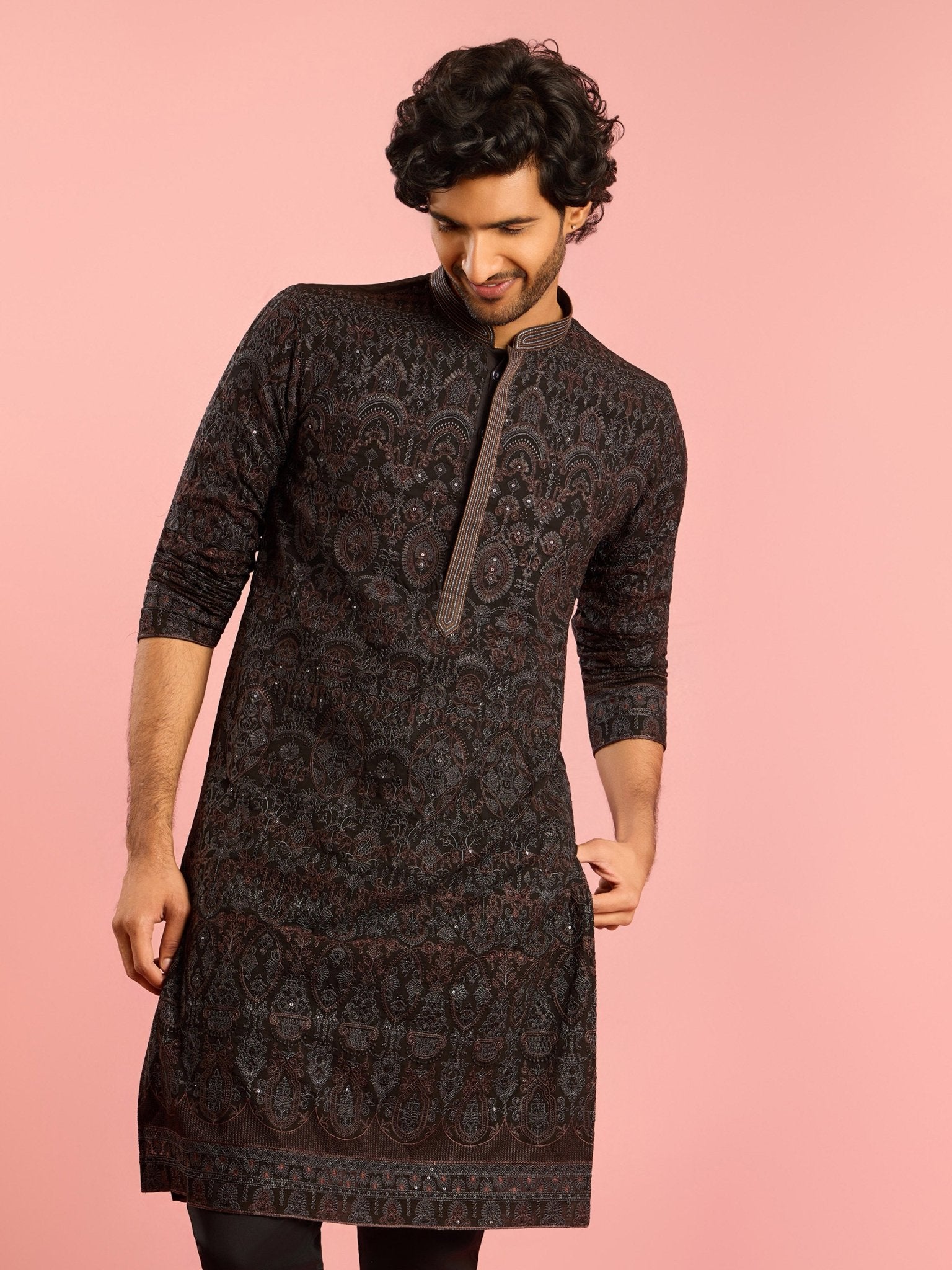 Men's Black Kashmiri Embroidered Georgette Kurta