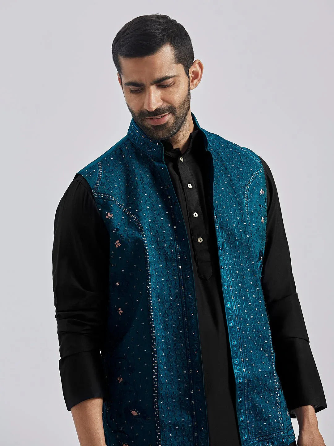Men's Black Kurta Pyjama Set with Turquoise Embroidered Nehru Jacket