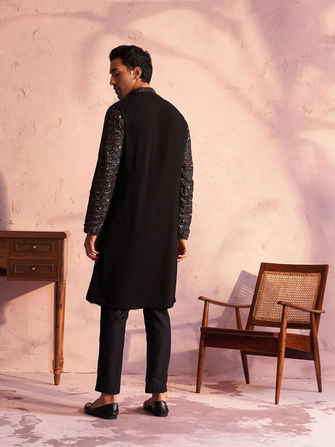 Men's Black Ombre Sequin Georgette Kurta with Black Satin Pyjama