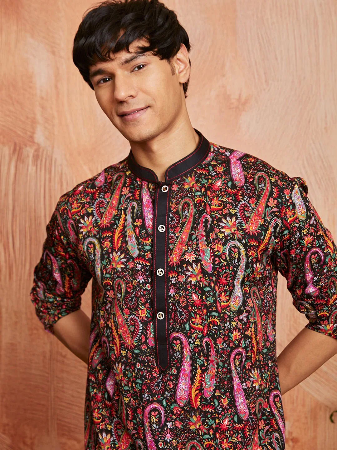 Men's Black Paisley Print Viscose Blend Kurta with Cream Viscose Pyjama