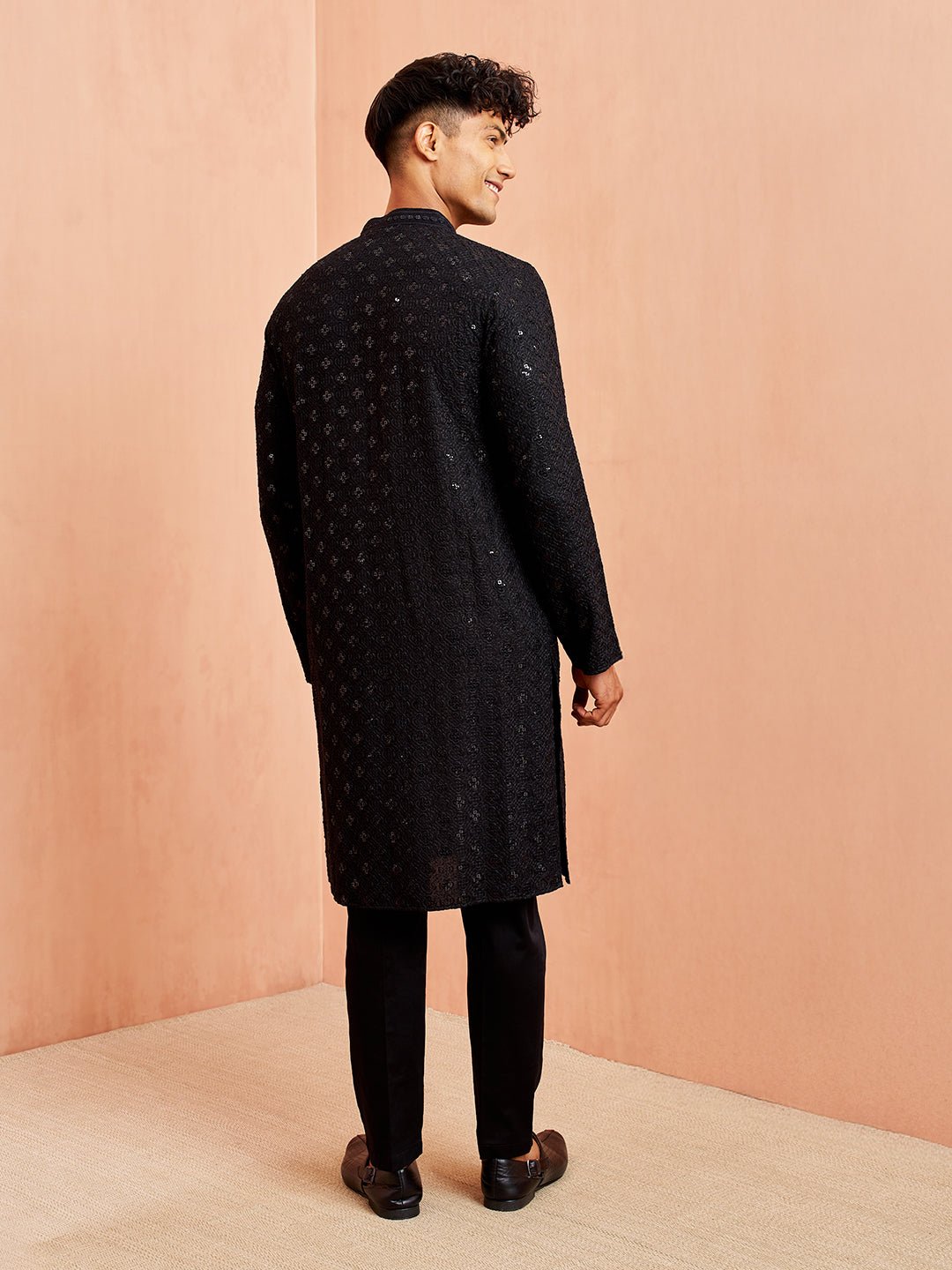 Men's Black Rayon Chikankari Sequin Embroidered Kurta Pyjama Set