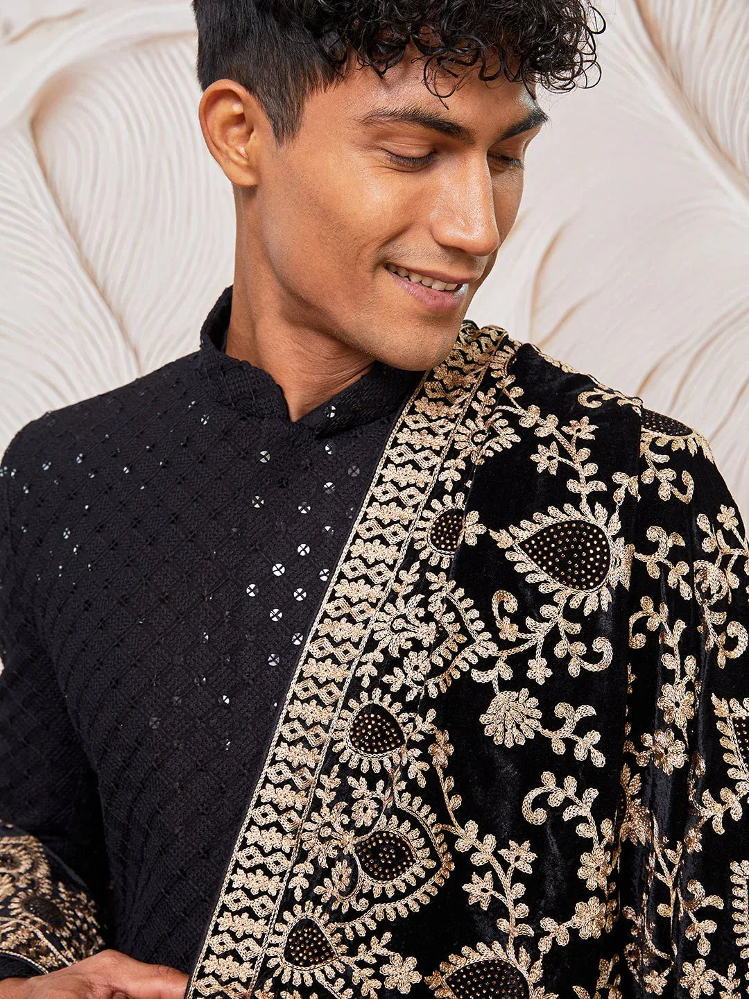 Men's Black Sequin Chikankari Sherwani with Satin Pyjama & Velvet Embroidered Dupatta