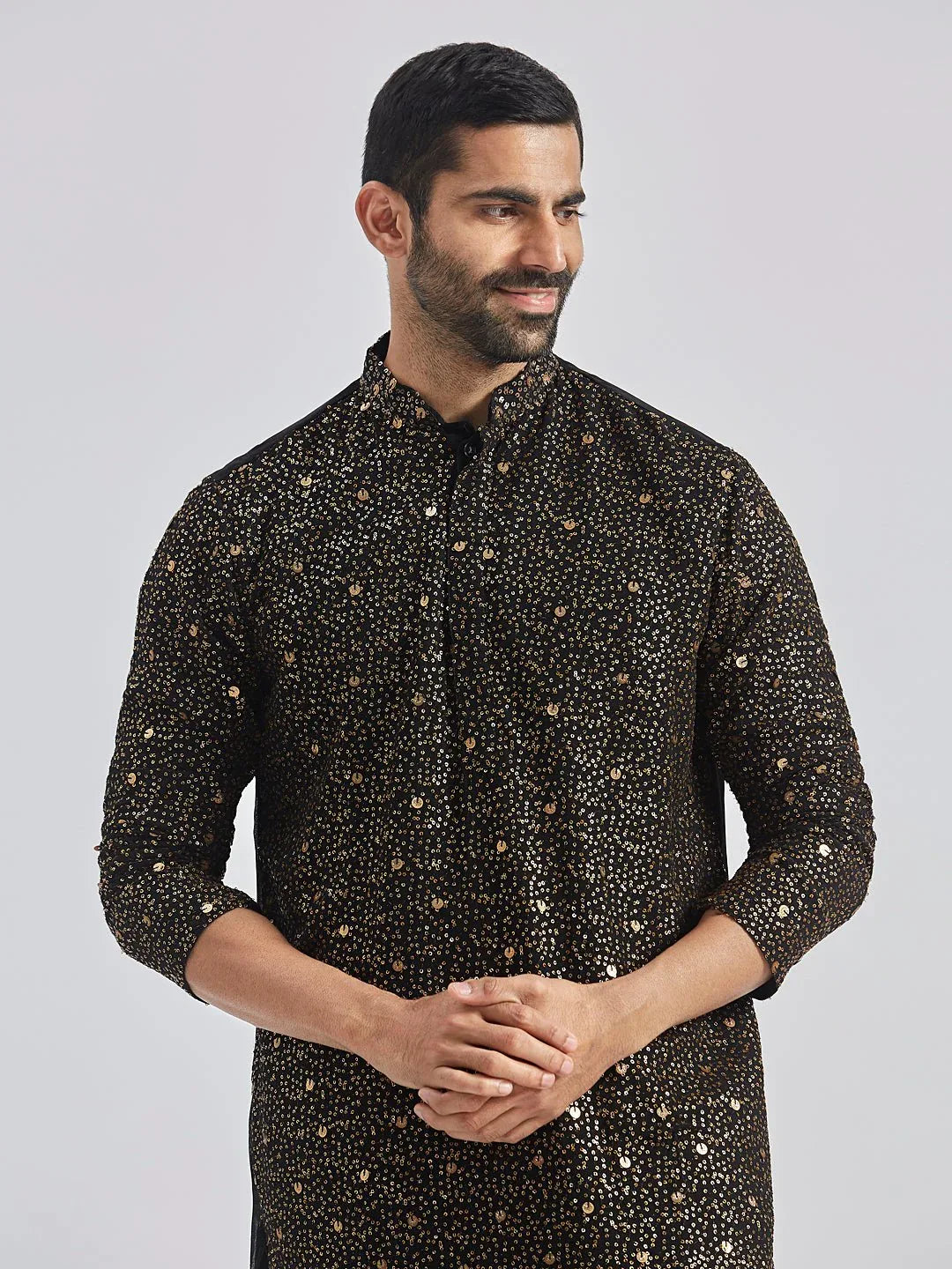 Men's Black Sequin Embroidered Georgette Kurta with Cream Satin Pyjama