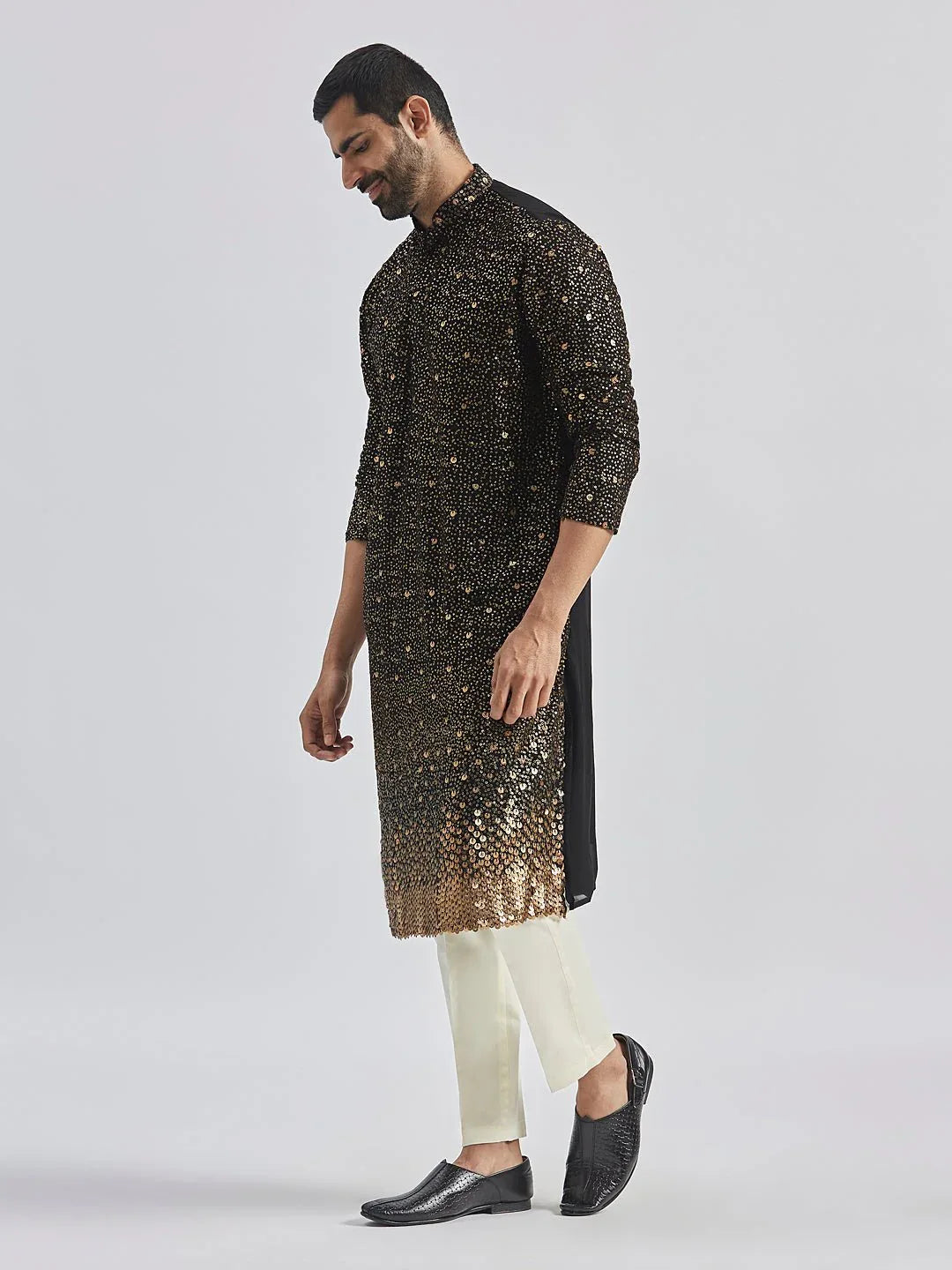 Men's Black Sequin Embroidered Georgette Kurta with Cream Satin Pyjama