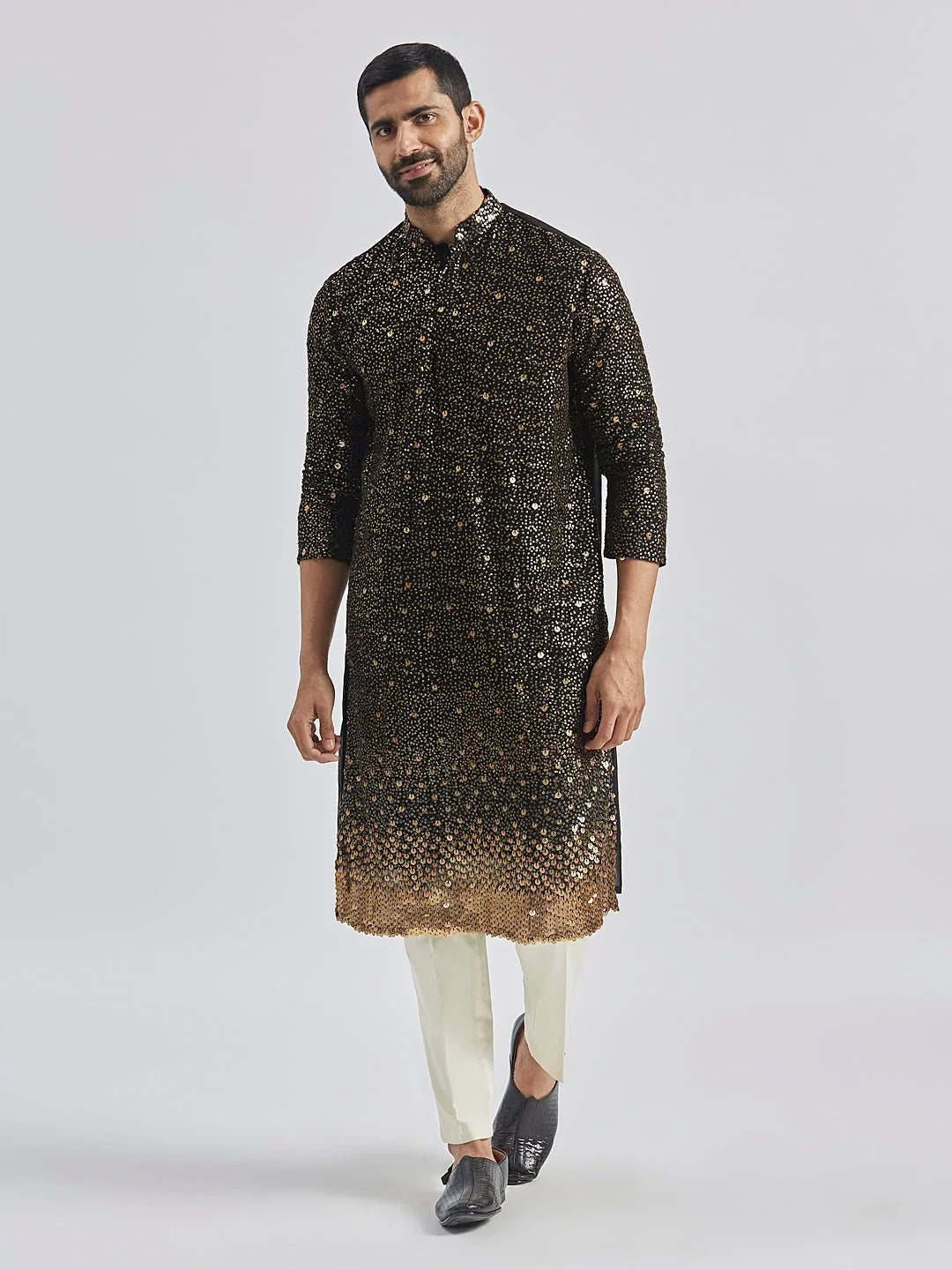 Men's Black Sequin Embroidered Georgette Kurta with Cream Satin Pyjama
