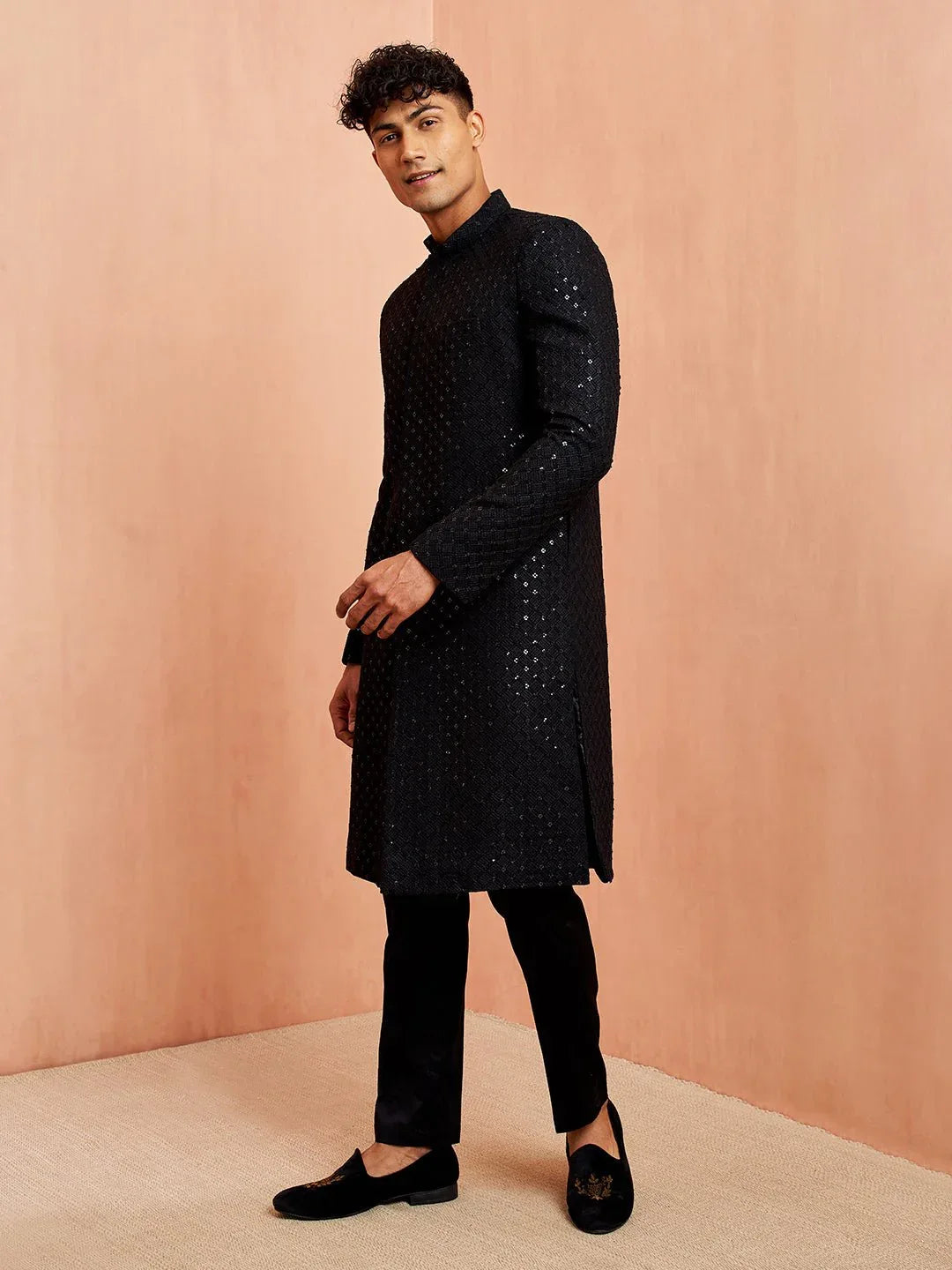 Men's Black Sequin Embroidered Rayon Sherwani with Fine Satin Pyjama Set