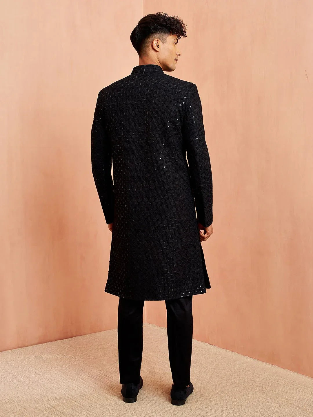 Men's Black Sequin Embroidered Rayon Sherwani with Fine Satin Pyjama Set
