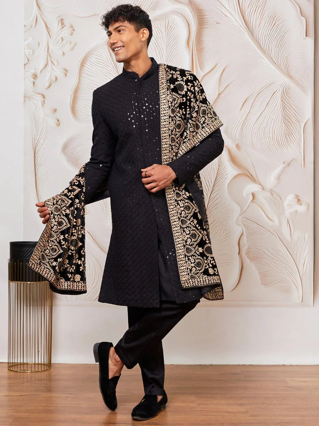 Men's Black Sequin Sherwani Set with Kurta Pyjama & Embroidered Velvet Dupatta