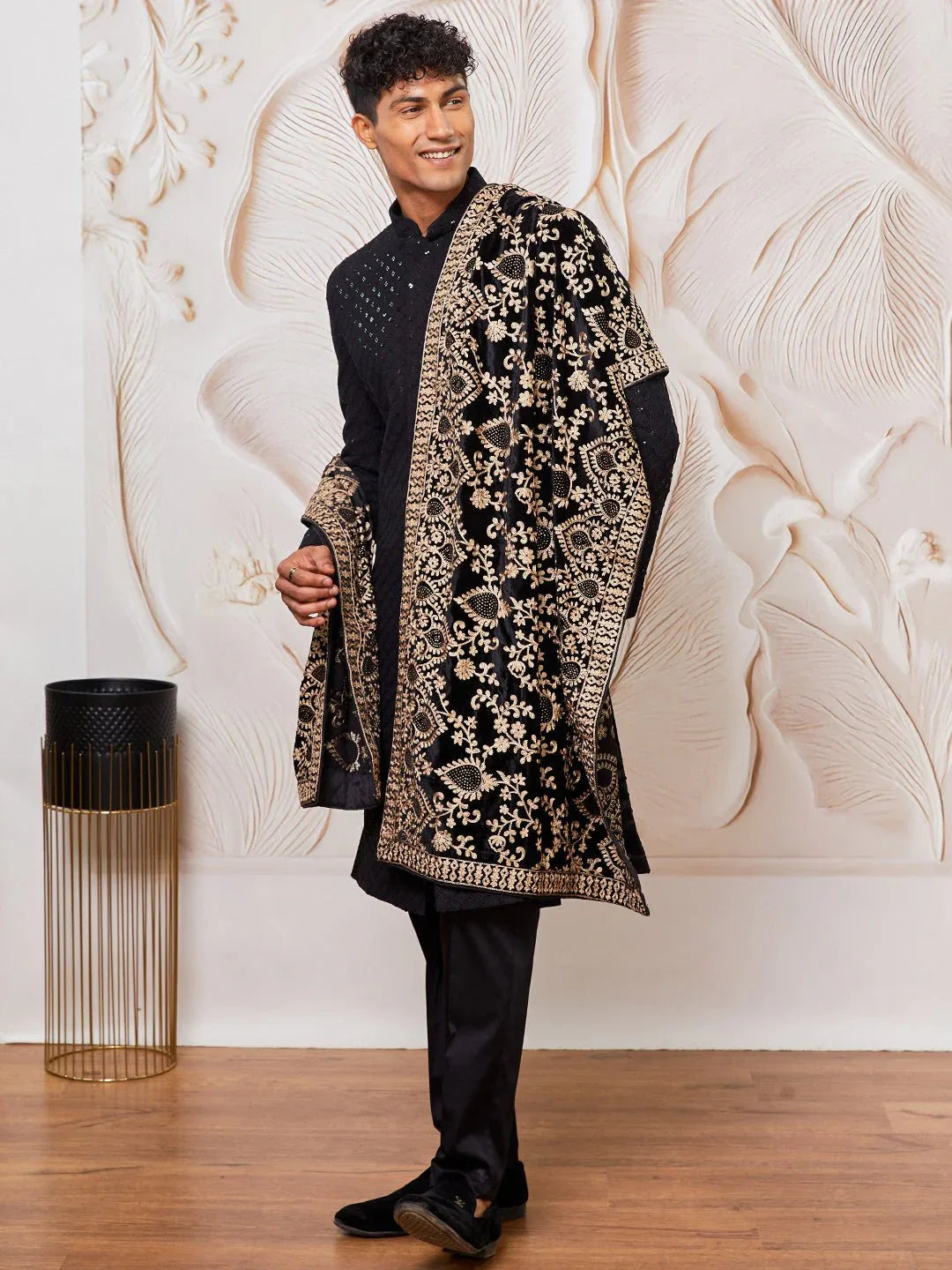 Men's Black Sequin Sherwani Set with Kurta Pyjama & Embroidered Velvet Dupatta