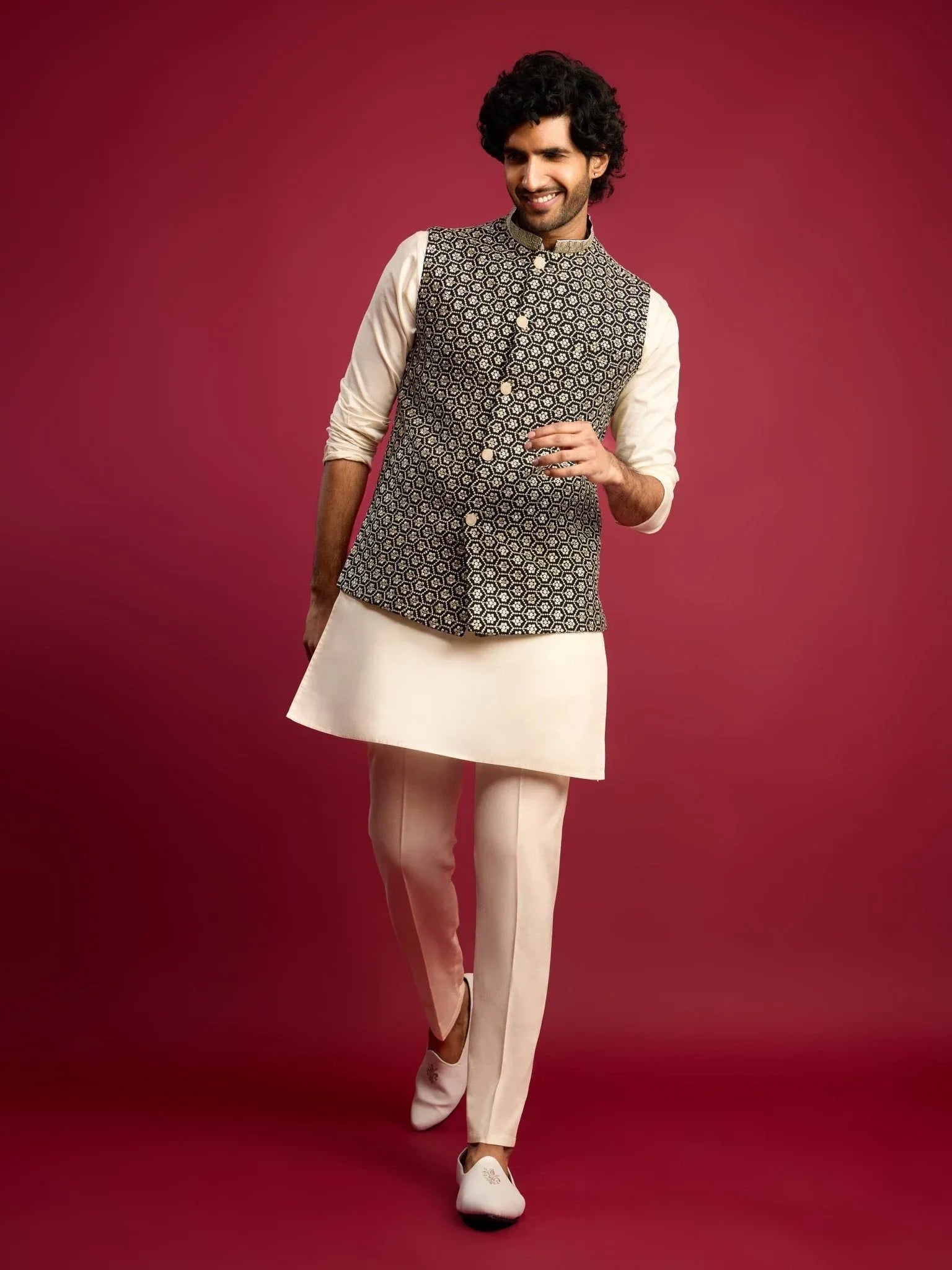 Men's Black Sequin & Thread Embroidered Nehru Jacket with Cream Satin Kurta & Pants Set