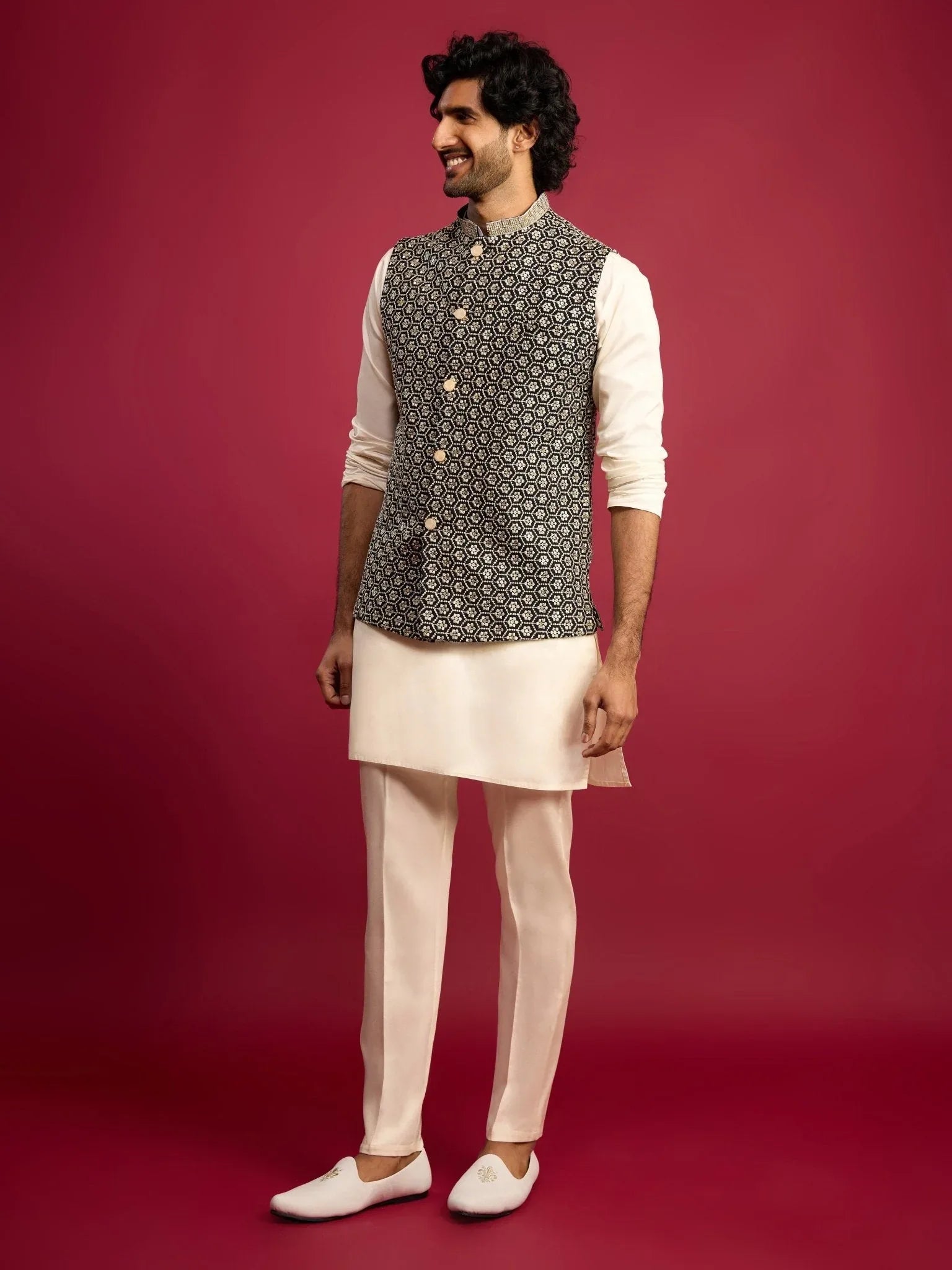 Men's Black Sequin & Thread Embroidered Nehru Jacket with Cream Satin Kurta & Pants Set