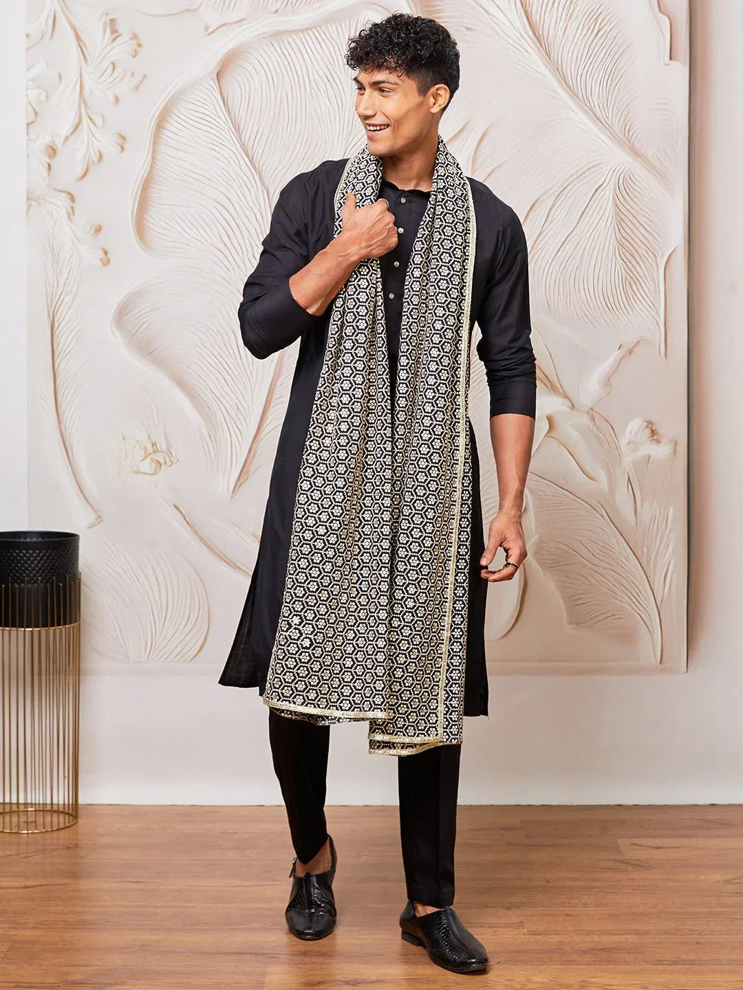 Men's Black Silk Blend Kurta Pyjama Set with Black Embroidered Dupatta