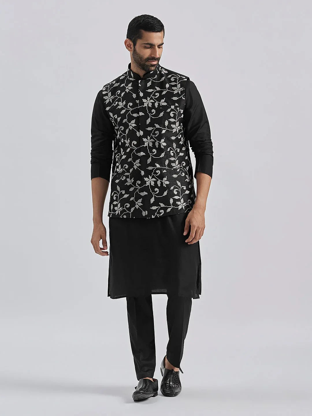 Men's Black Silk Blend Kurta Pyjama Set with Embroidered Dupion Nehru Jacket
