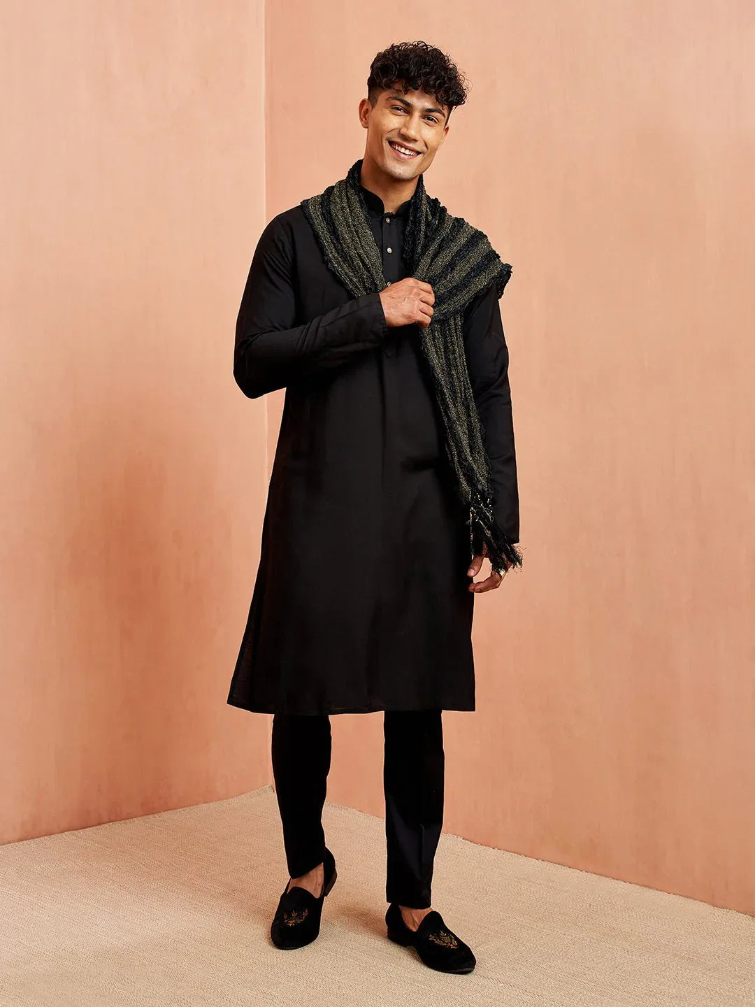 Men's Black Silk Blend Kurta Pyjama Set with Solid Black Crushed Dupatta